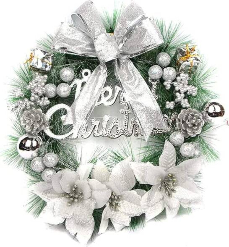 Julekranser til inngangsdøren, 40 cm julekrans vinter kunstig julekransdekorasjon med sløyfeblomsterkule (sølv) Silver 40cm