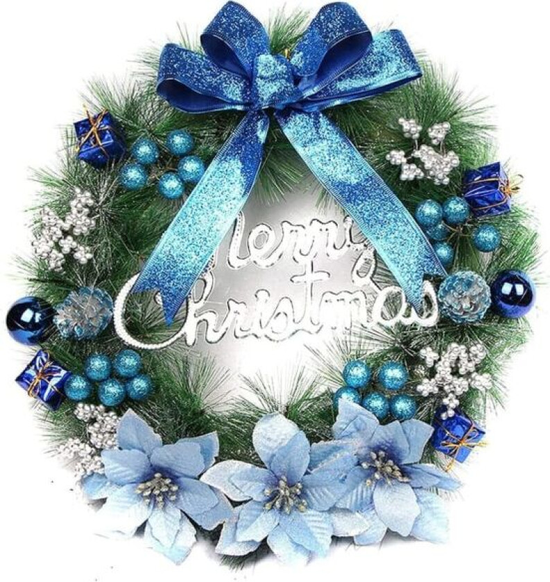 Julekranser til inngangsdøren, 40 cm julekrans vinter kunstig julekransdekorasjon med sløyfeblomsterkule (blå) Blue 40cm
