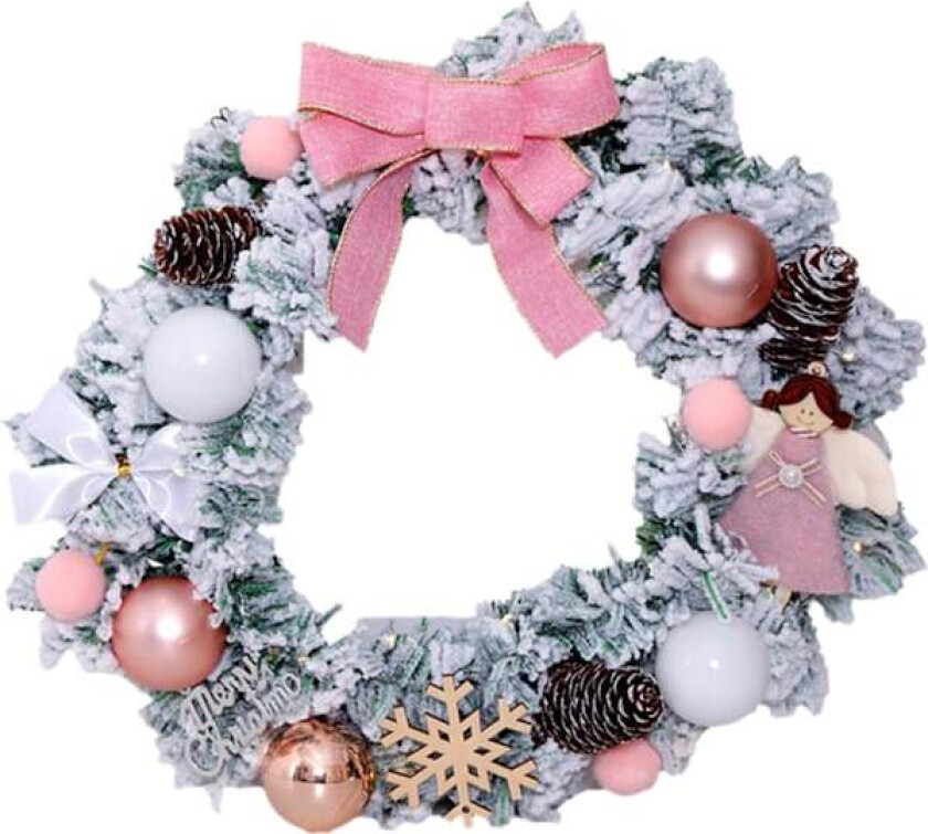 15,7” Forhåndslyst Snøfarget Julekrans med Kongler, Kuler, Sløyfe, Snøfnugg, Lyste Julekranser for Inngangsdøren (Rosa)