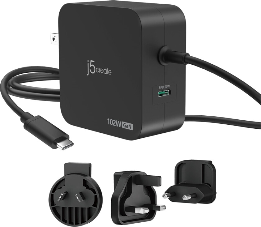 J5create Jup25102v - Strømadapter - Gan - 102 Watt - Pd 3.0, Smart Ic - 2 Utgangskontakter (24 Pin Usb-C) - Svart