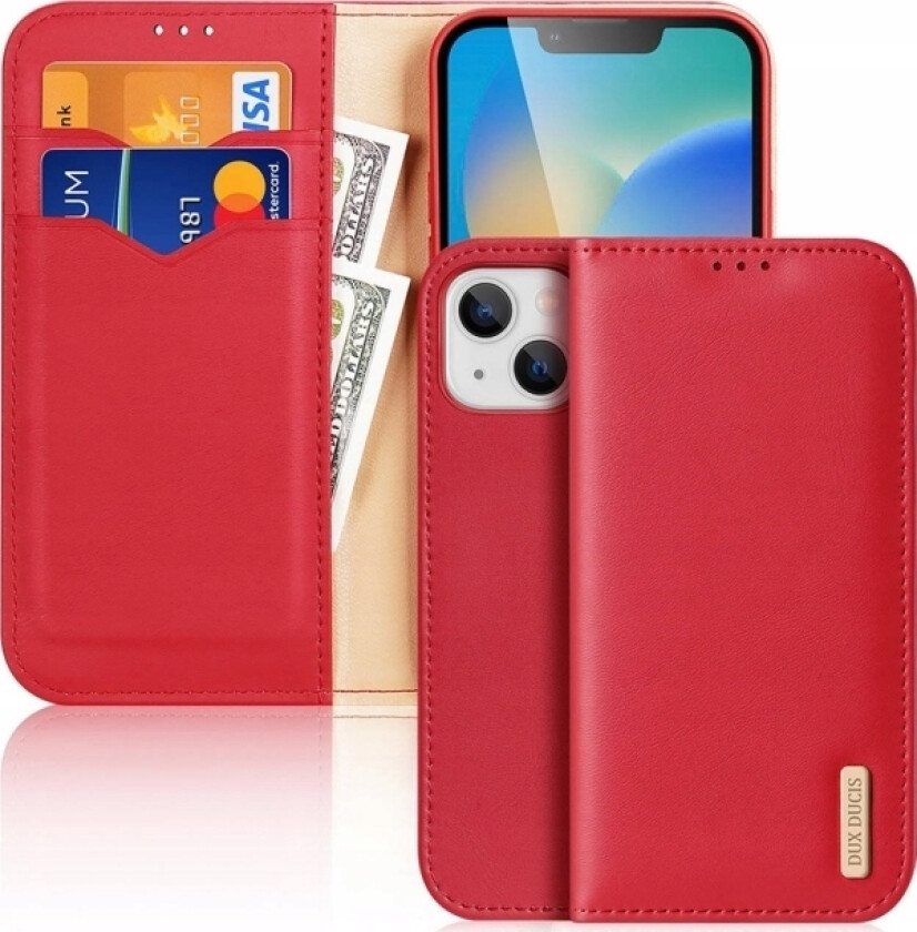 Hivo Leather Flip Case Ekte Lærveske Lommebok For Kort Og Ider Iphone 14 Plus Red