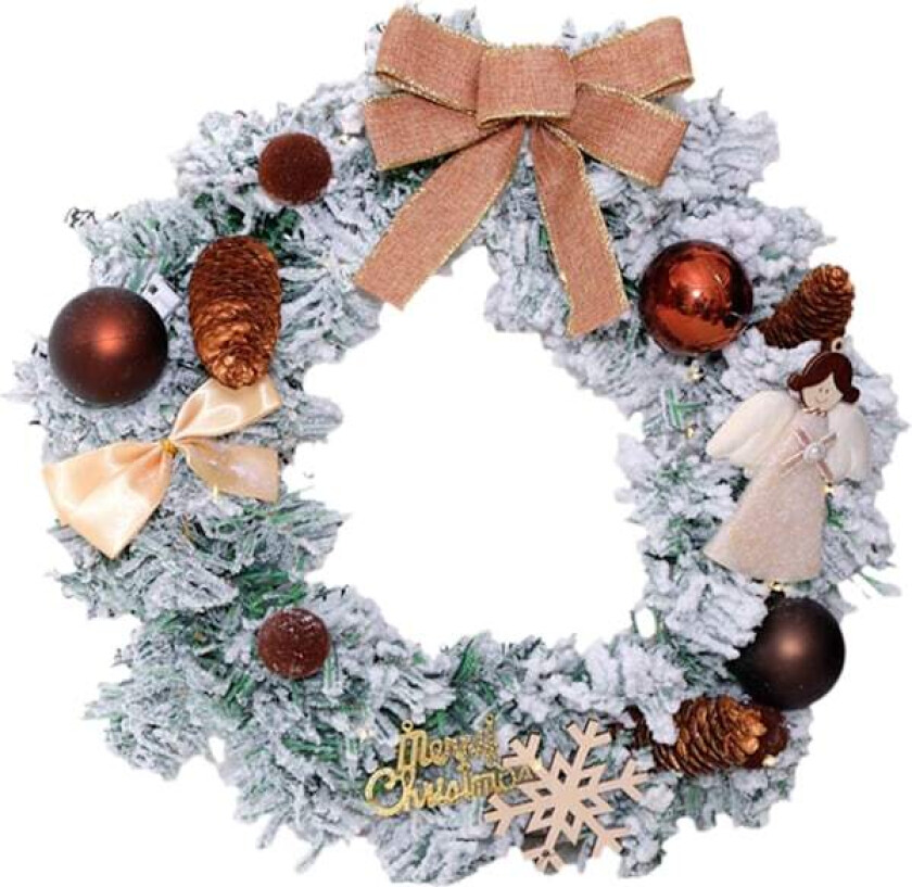 15,7” Forhåndslyst snøfarget julekrans med kongler, kuler, sløyfe og snøfnugg - Lyste julekranser til inngangsdøren (Kaffe)