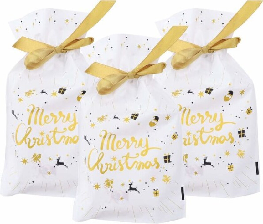 Gull God Jul 48-50 stk Julegaveposer med snøring Julegaveposer med julemotiv Gavepose i plast Godteripose