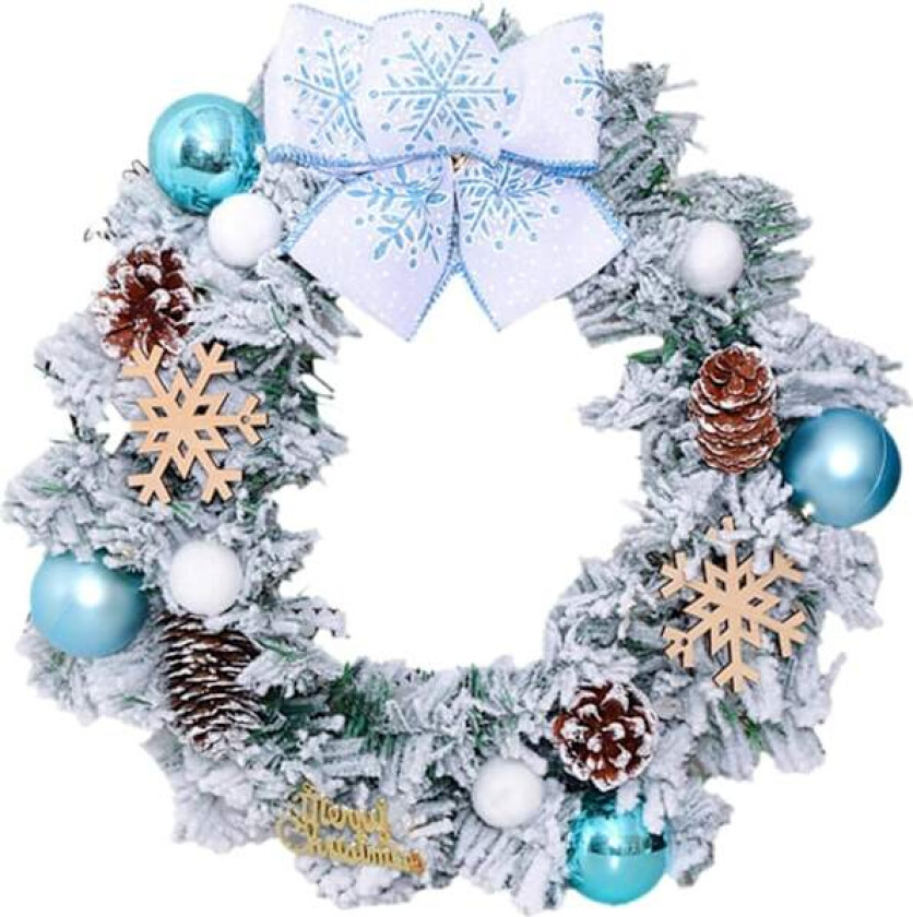15,7” Forhåndslyst snøfarget julekrans med kongler, kuler, sløyfe, snøfnugg, opplyste julekranser for inngangsdøren (blå)