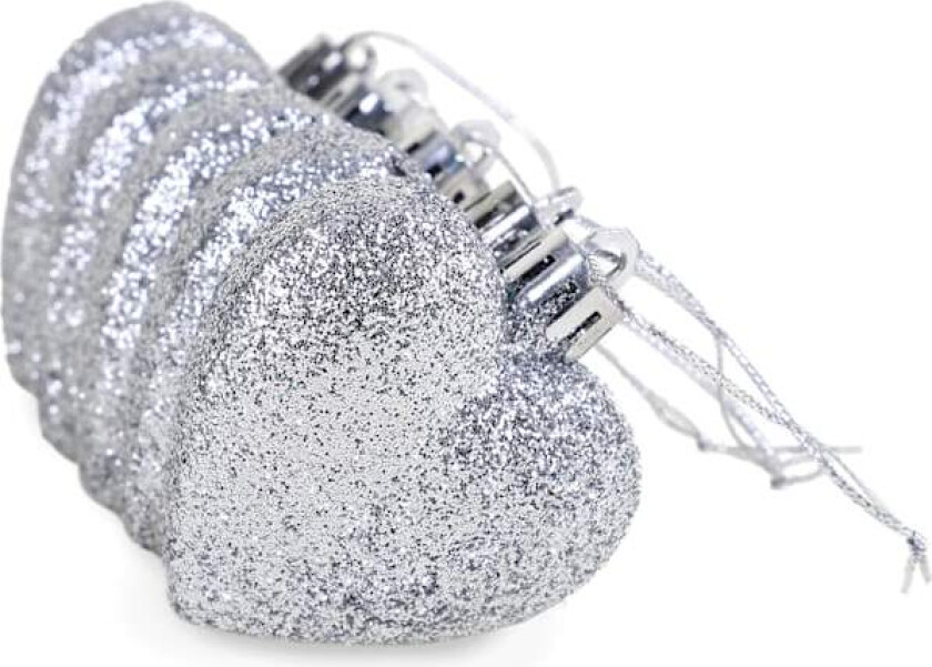 Bilde av 6 stk - 60 mm Hjerteformede Julekulepynt – Glitterdekorerte Kulepynt, Sølv