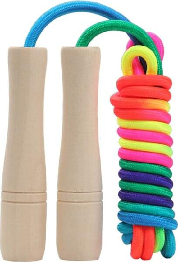Hopperep for barn, justerbar hoppetau med trehåndtak for gutter og jenter, regnbuehoppetau for bursdag barnedag (2,6 m)