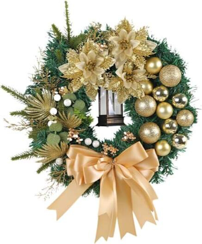 Julekrans til inngangsdør og innendørs, jul med krans, gullblomster, furukongler, hengende gullpynt, vinterferievegg (gull)