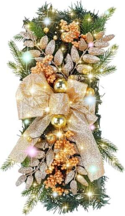 Julekrans med lys, kunstige blader og bær, forhåndsopplyste julekranser for utendørs bruk, batteridrevet, for inngangsdøren (gull)