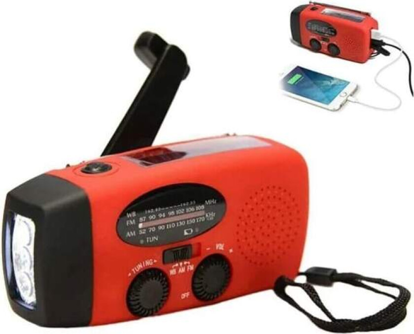 Nødradio / veivradio med solceller, lommelykt og strøm