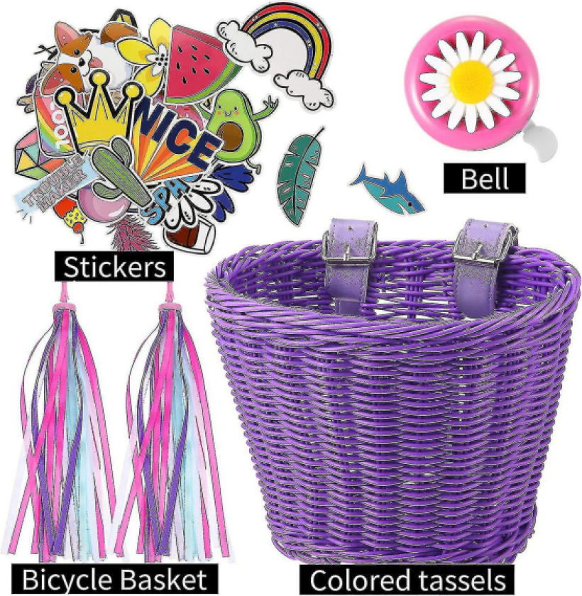 Sykkelkurv for gutter og jenter, foran på styret, barnesykkelkurv, gave til barn Purple