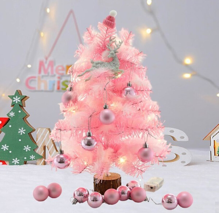 Rosa kunstig bordplate juletre 45cm, med lys rosa fjær juletre med trebase julekuler, festdekor