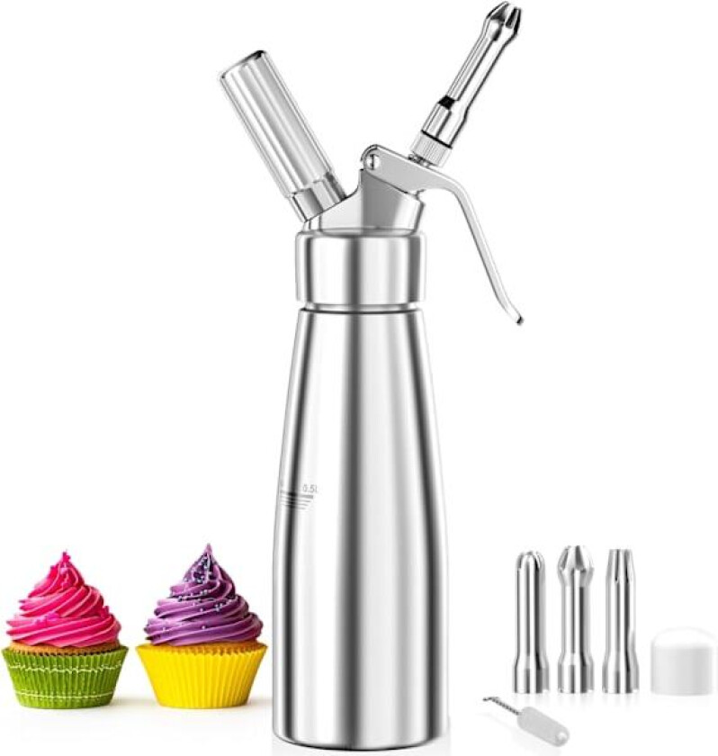 500 ml kremsifon, kremsprøyte, aluminium, med 3 dekorative munnstykker i rustfritt stål, 1 rengjøringsbørste 500ml