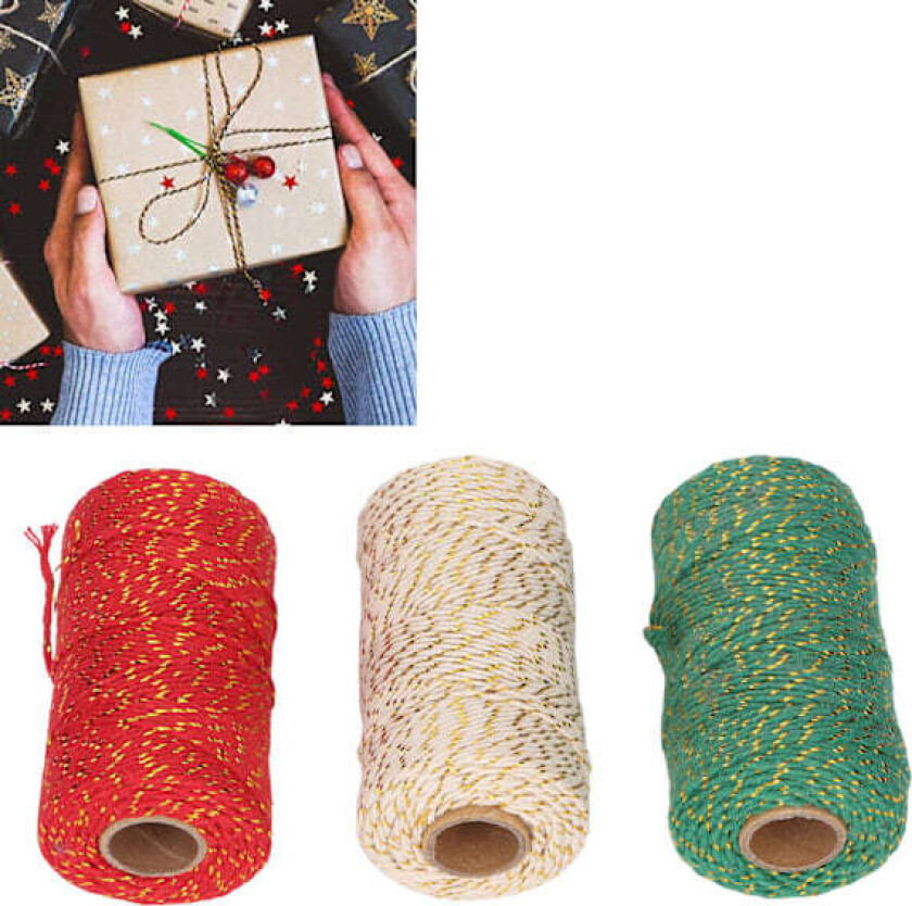 3 Ruller Juleribånd 2mm Diameter Hver 100m Lengde Klippbar Lett Gavebånd Tråd for DIY Emballasje