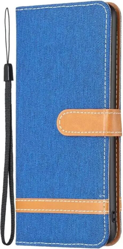 iPhone 14 Pro Max Skinn Flip Deksel med Horisontal Stripe - Mørkeblå