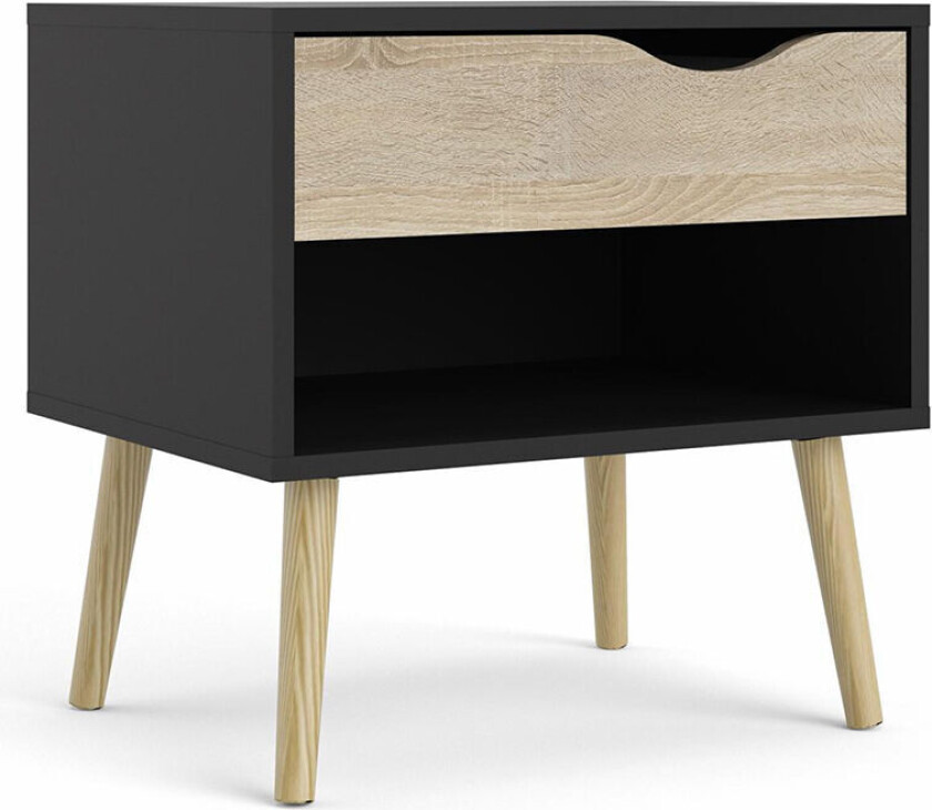 Napoli nattbord 1 skuffe og 1 rom matt svart, eik struktur dekor.
