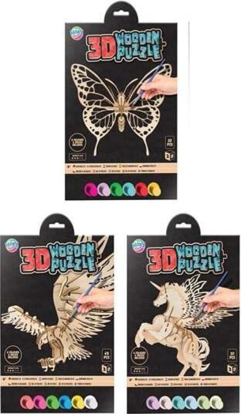 Wooden 3D Puzzle Animal with Paint and Brush 3D Puslespill