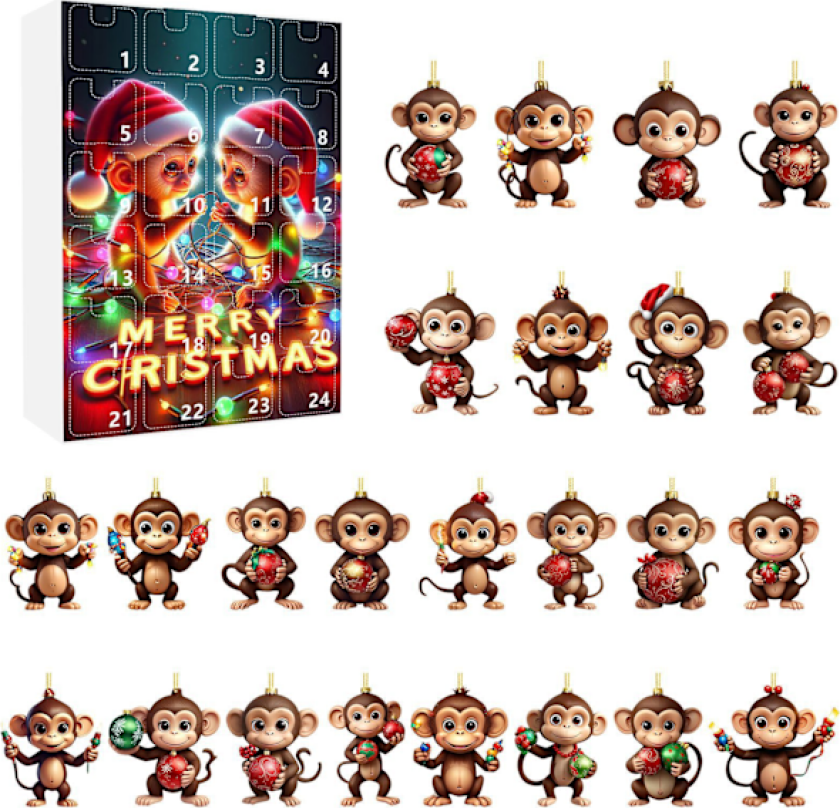 Julekalender med ape for 2024, 24 dagers julekalender nedtelling, 2D apeanheng, 24 leker kalender