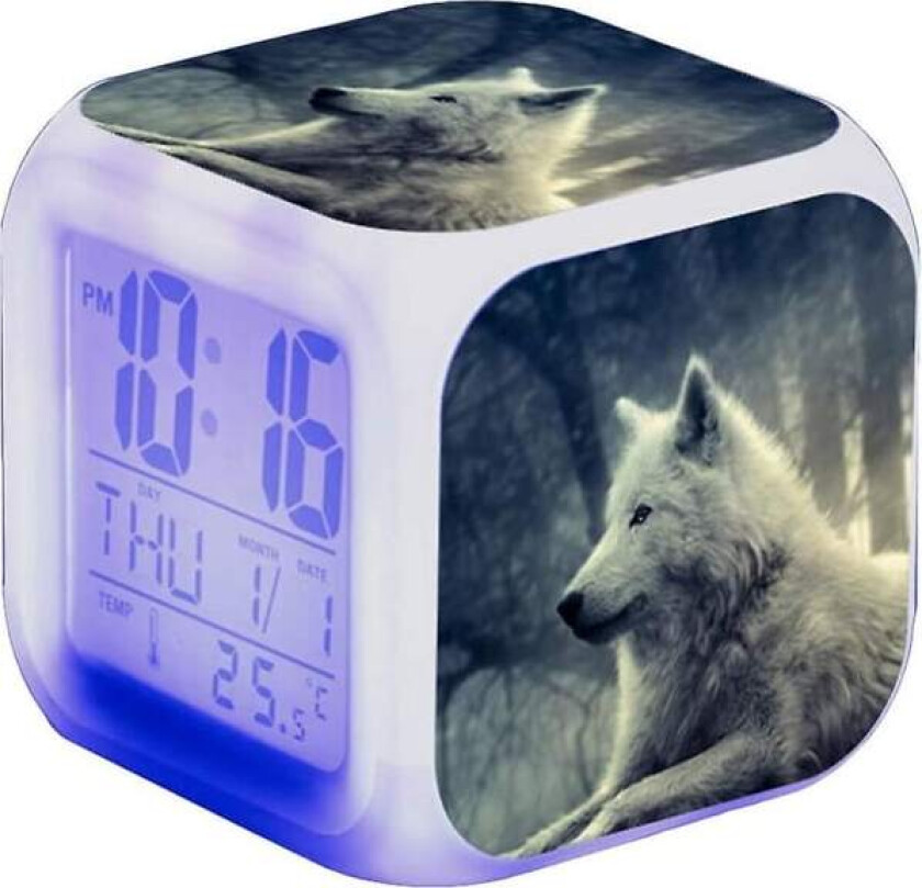 Ulve LED-vekkerklokke, barnas nattbordvekkerklokke, firkantet, opplyst LCD-skjerm, ulvedesign (#18) {DB}