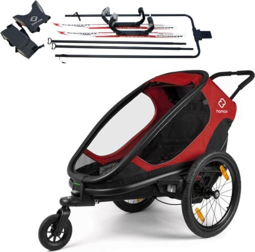 3-i-1 Hamax Outback One Sykkelvogn, Rød/Sort inkl. ski-kit!