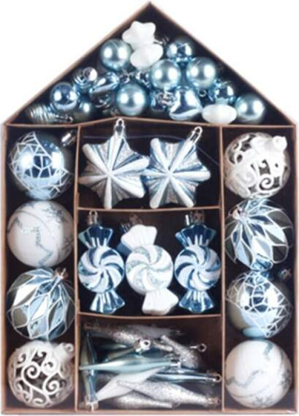 IC 73 stk julekuledekorasjoner sett, juledekor til treet, lyseblå hvit