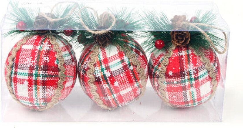 Juledekorasjonsanheng simulering rød mose furustoff rutenettdekorasjon julekule