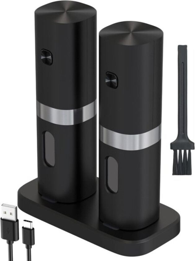 Elektrisk salt- og pepperkvernsett, oppladbart pepperkvern med ladestasjon, liten børste, LED-lys, justerbar grovhet (svart-oppladbar)
