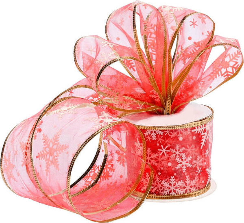 Rød organza gavebånd - 10m x 6,3cm rød kablet julebånd med paljetter og snøflak for juledekorasjon - brede bånd for julepynt