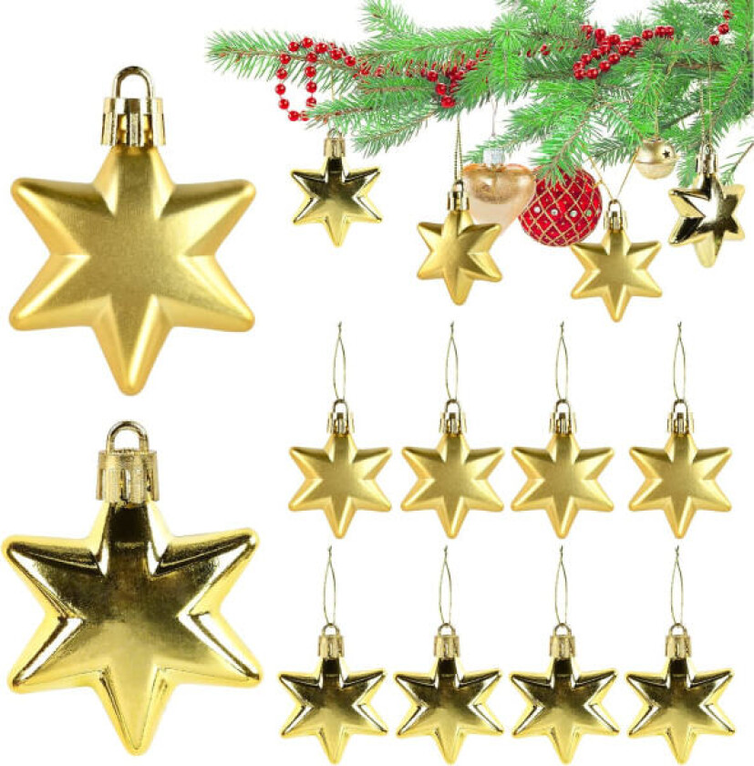 12 stk julepynt, plast julekuler, stjerne julepynt julepynt anheng, gyldne julekuler