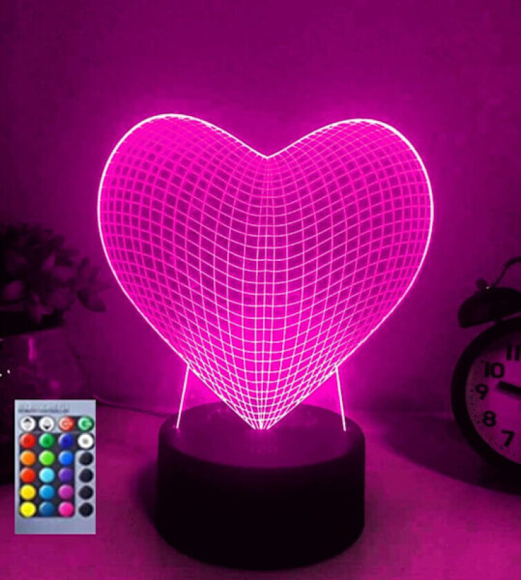 WJ 3D Kjærlighetshjerte Nattlampe Illusionslampe 16 Farger Skiftende Bord Skrivebordsdekorasjon Lamper Gave Akryl Flat ABS Base USB-kabel Leke