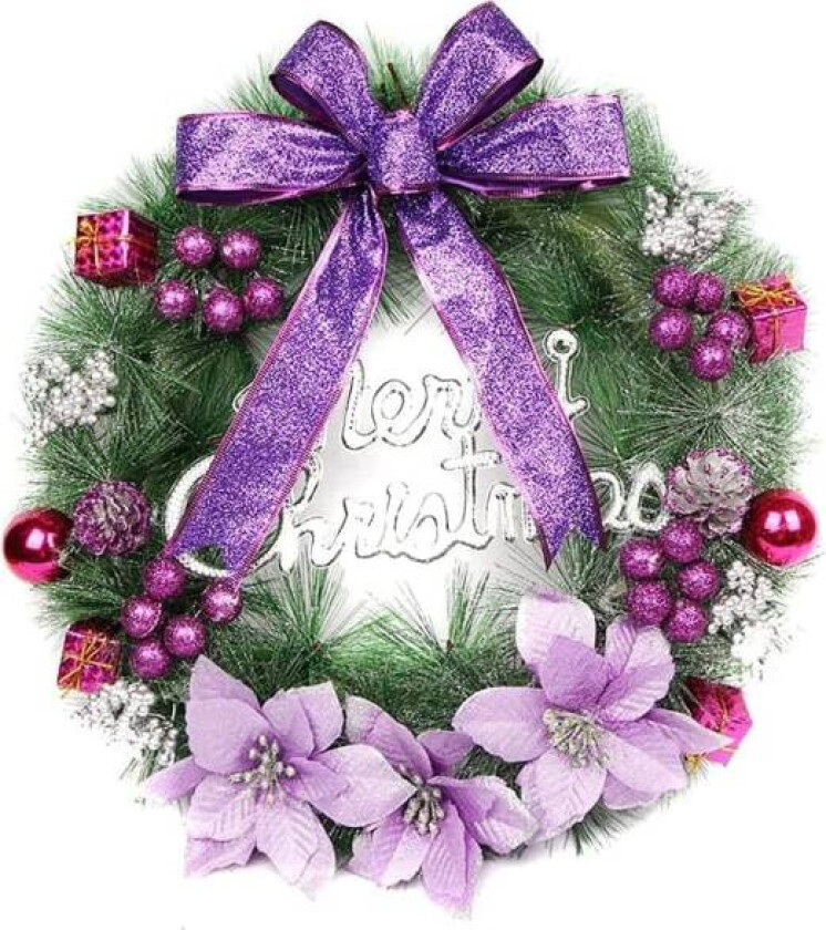Kranser til inngangsdøren, 50 cm julekrans vinter kunstig julekransdekorasjon med sløyfeblomsterkule (lilla) Purple 50cm