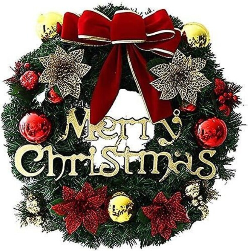 Julekrans kunstig krans med pilbuer, blomster og kuler, juledekorasjon krans for ytterdør veggvindu