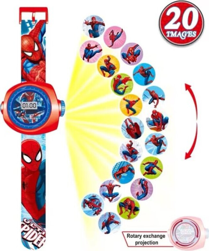 Barneklokke, projektor digitalt armbåndsur, tegneserieprojeksjonsklokke, barneprojektorklokke med 20 projeksjonsmønstre, projektor Spiderman-klokke for K