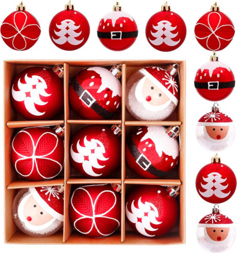 9 stk julekuledekorasjoner, 6 cm knusebestandige hengende julekuler, julekuler med julemotiv til juletreet