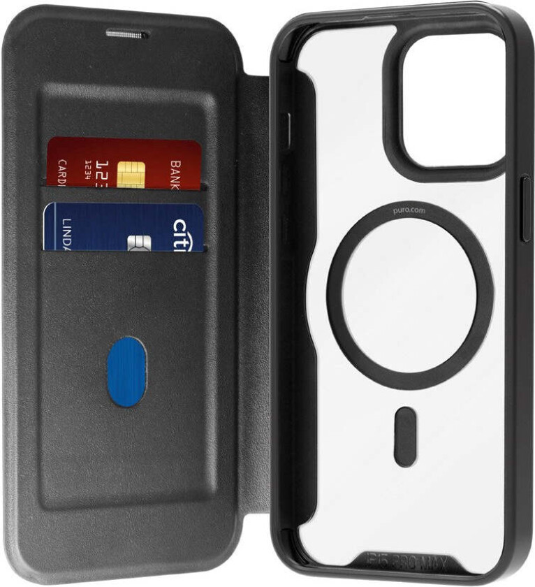 Booklet Case Magsafe for iPhone 15 - Horisontal Flip + 2 Kortlommer - Svart