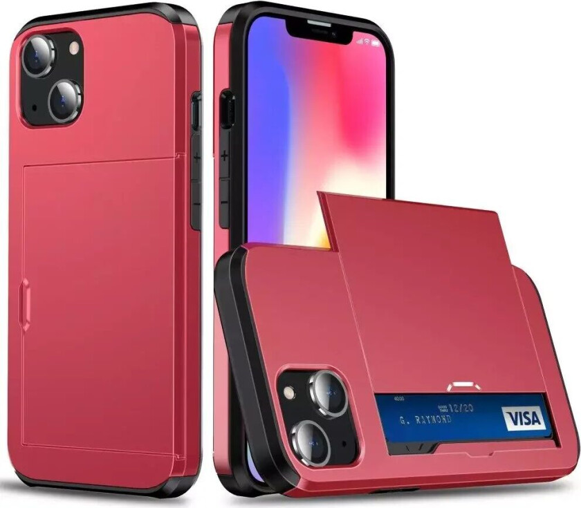 iPhone 14 Drop Proof Deksel m. Lommebok - Rød