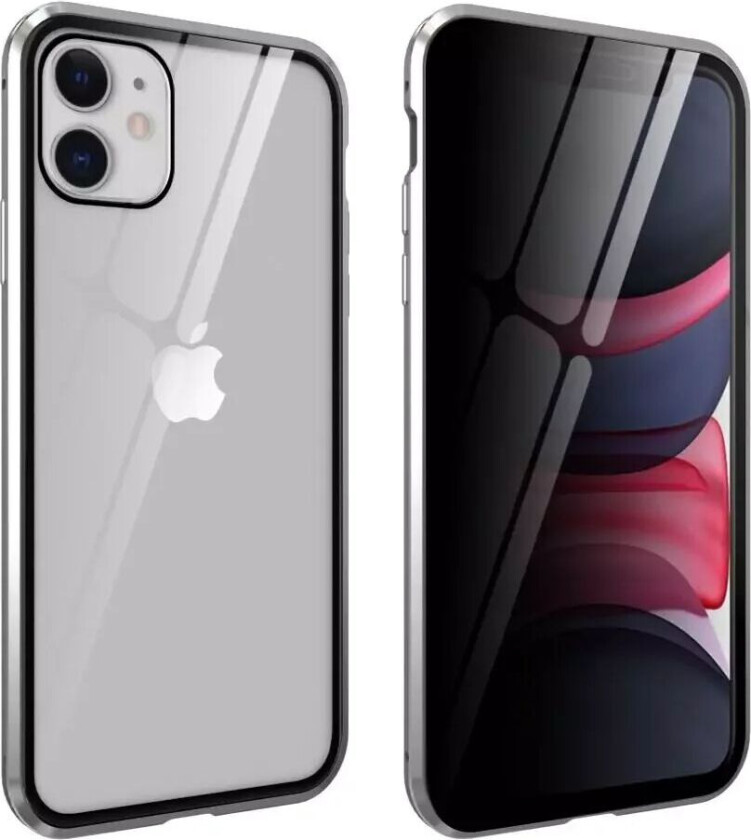 iPhone 11 Magnetisk Metall Deksel m. Glass Foran og Bak m. Privacy Glass - Sølv