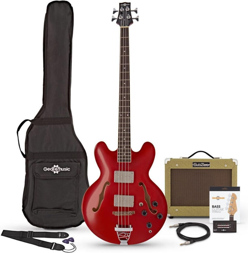 Gear4Music San Francisco Semiakustisk Bassgitar + SubZero V15B Forsterkerpakke Wine Red