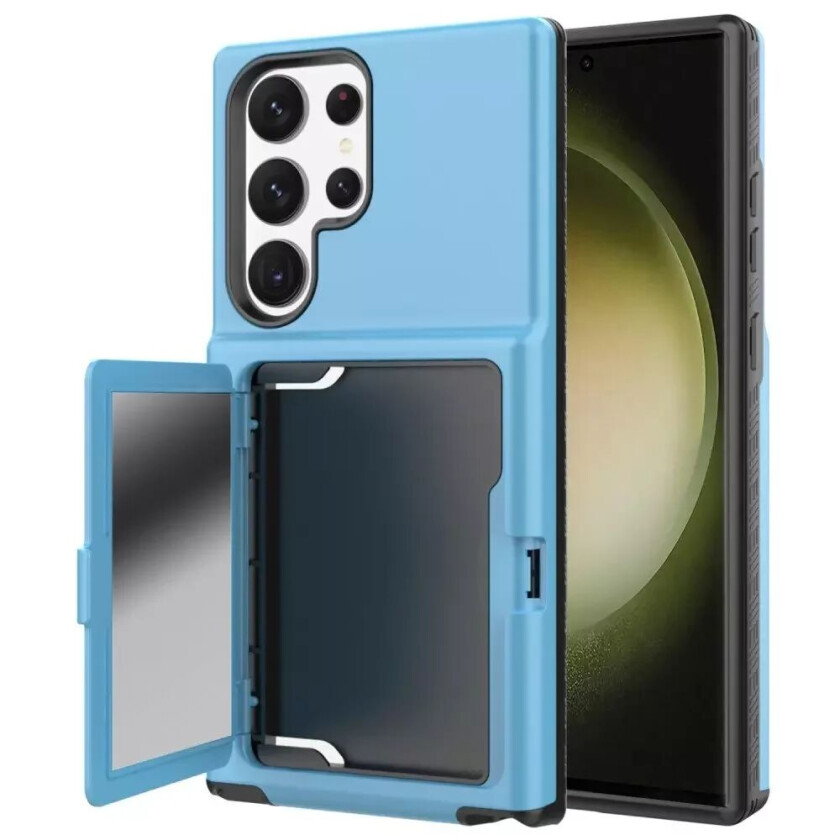 Samsung Galaxy S23 Ultra Hybrid Håndverkerdeksel med Kortholder og Innebygd Speil - Himmelblå