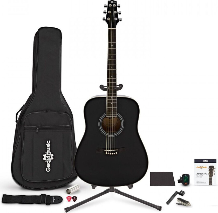 Gear4Music Dreadnought Akustisk Gitar fra Gear4Music Tilbehørspakke Svart