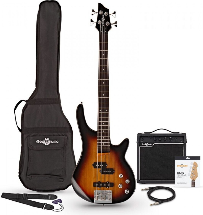 Gear4Music Chicago Short Scale Bassgitar + 15W Forsterkerpakke Sunburst