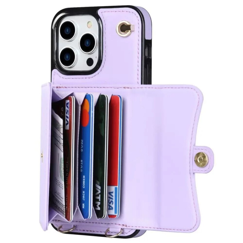 iPhone 14 Pro Skinndekket Plast Deksel med Lommebok og Stropp - Lilla