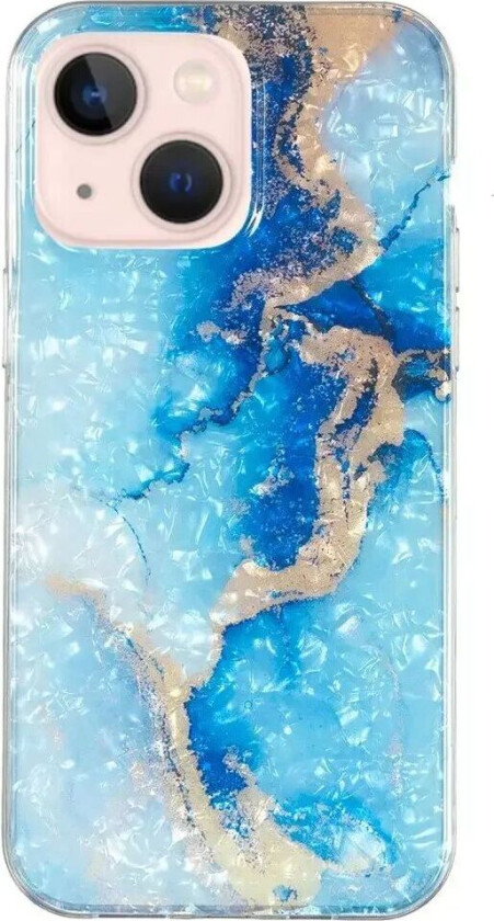 iPhone 15 Fleksibelt Plastdeksel - Blå og Gull Marmor