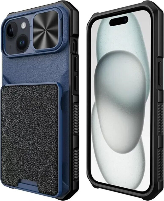 iPhone 15 Hybrid Håndverker Deksel m. Kortholder & Cam Slider - MagSafe Kompatibel - Blå / Svart