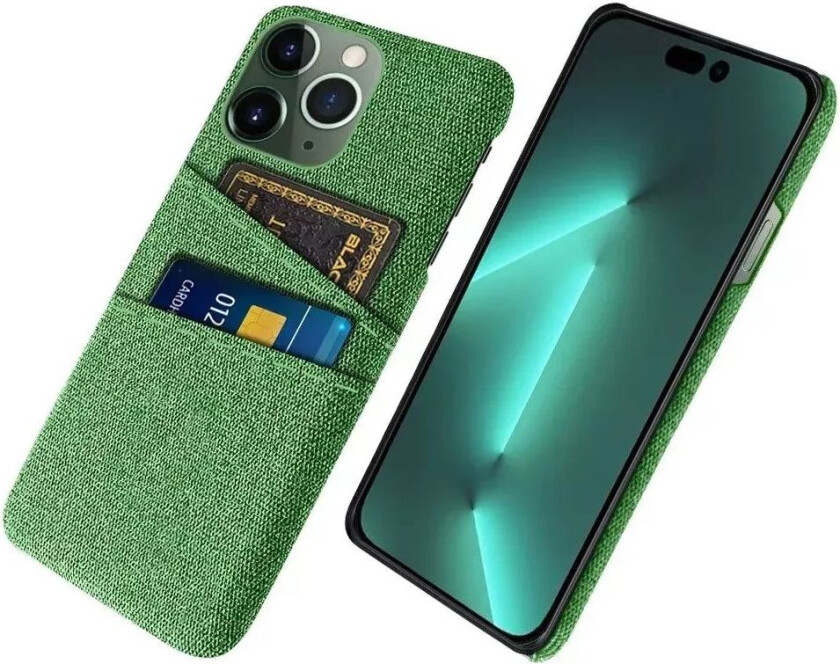 iPhone 14 Pro Stoffdekket Plast Bak Deksel med Kortholder - Grønn