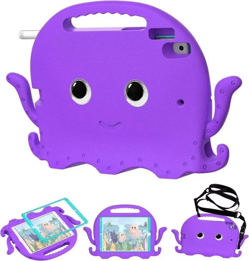 iPad 10.2" (2021 / 2020 / 2019) / iPad Pro 10.5 / iPad Air (2019) EVA Barnedeksel med Skulderstropp - Blekkspruttema - Lilla