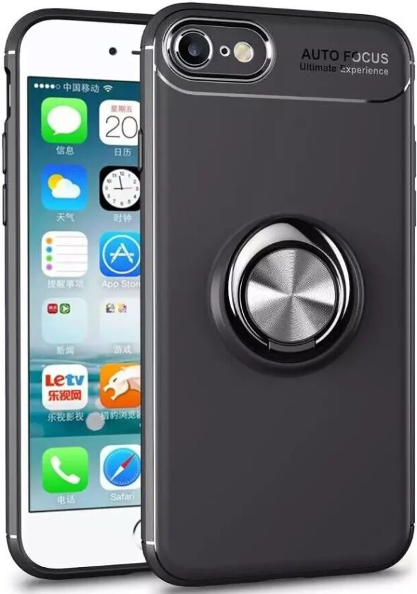 iPhone 7 / 8 / SE (2020 / 2022) Plast Deksel Svart m. Svart Ring/Stativ