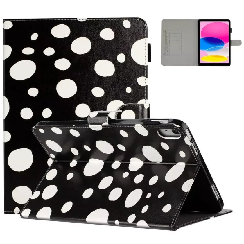 iPad 10.9" (2022) Kunstskinn Flip Deksel m. Fargede Prikker - Svart / Hvit