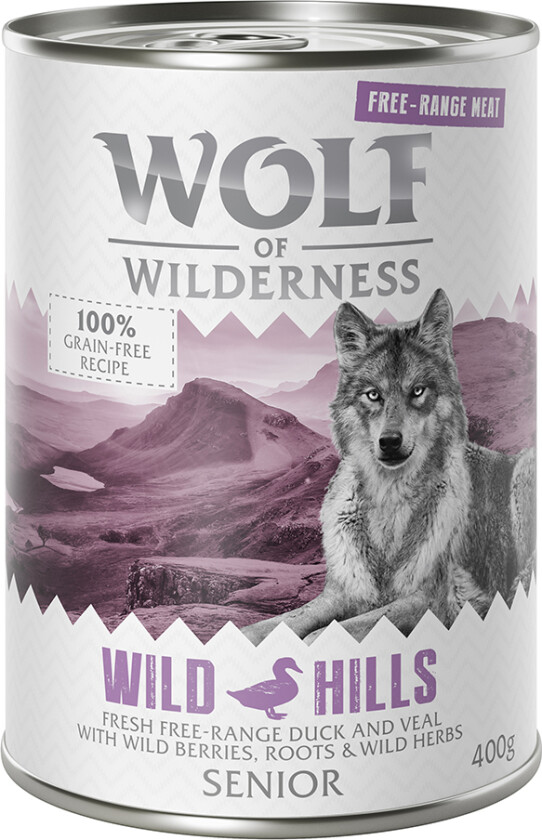 6 x 400 g Wolf of Wilderness Senior "Frittgående" - Senior Wild Hills - Frittgående And & Kalv