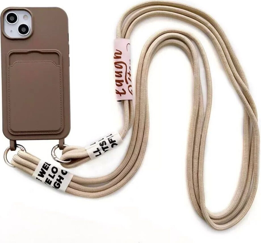 iPhone 14 Fleksibelt Plastdeksel med Kortholder og Stropp - Brun