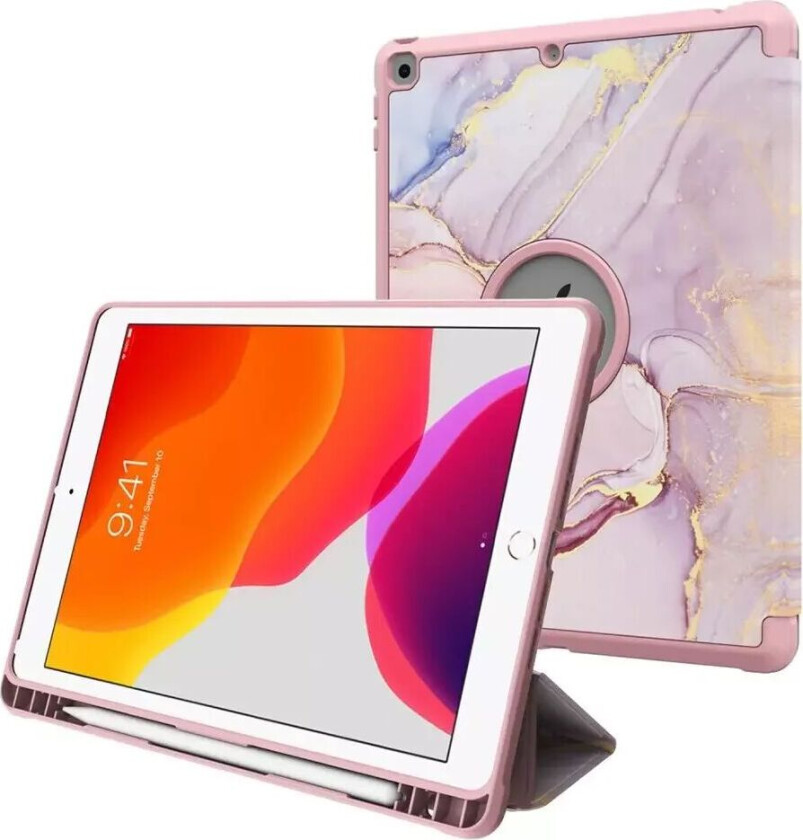 iPad 10.2" (2021 / 2020 / 2019) Flip Deksel m. Ståfunksjon & Pencil Holder - Rosa Marmor